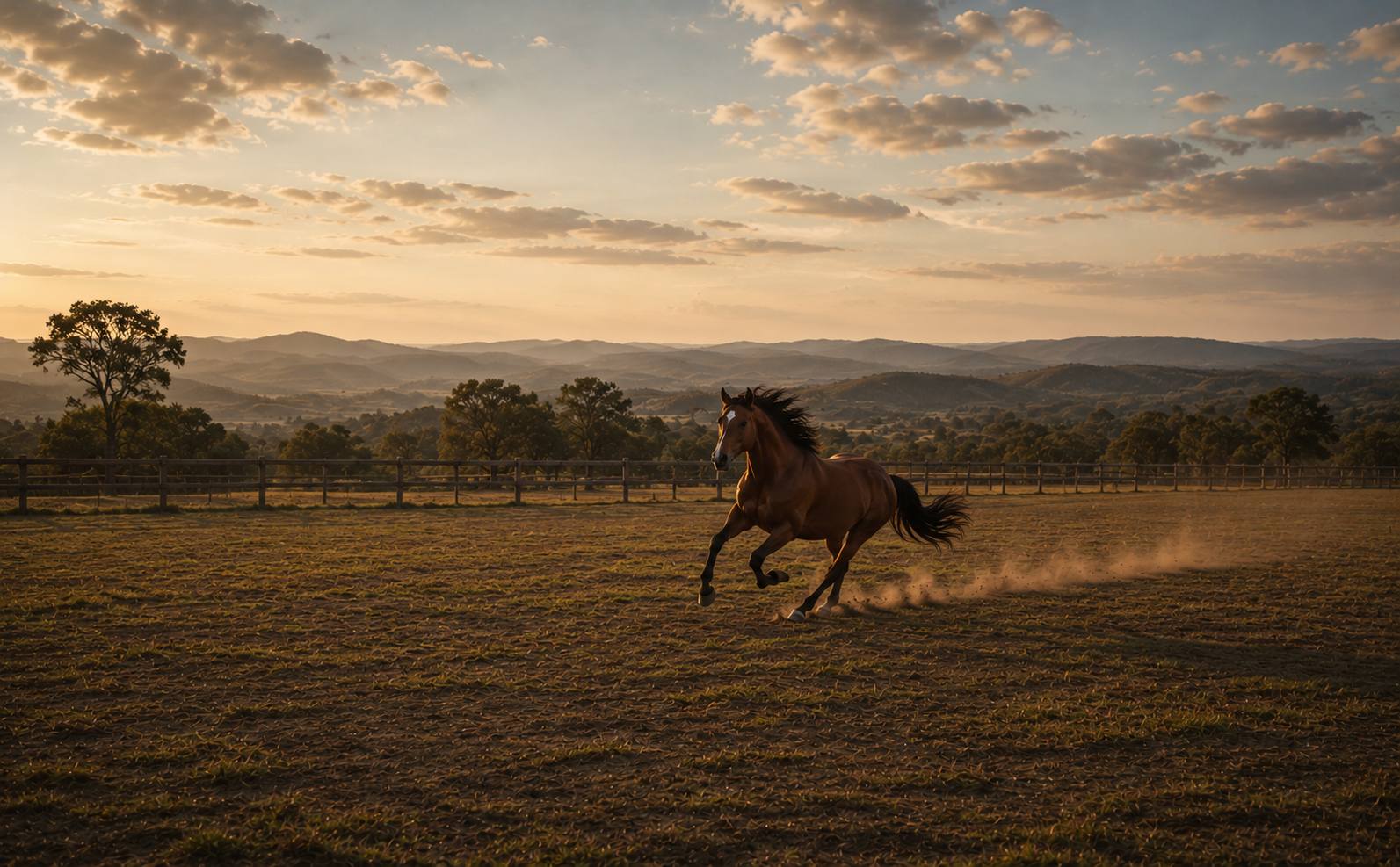Cavalo galopando ao entardecer nos campos de Amparo